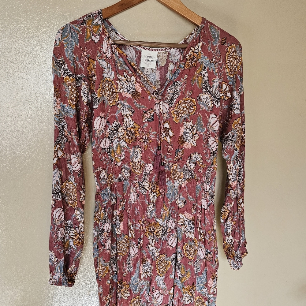 Knox Rose Boho Floral Midi Dress M Smocked Waist Tassel Feminine Indie Earthy